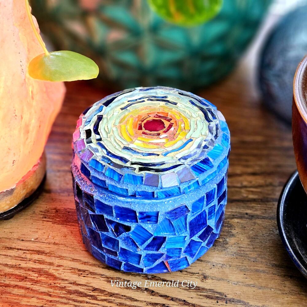 Vtg Glass Hand Made Mosaic Blue Trinket Jewelry Stash Box Sunset Candle Holder
